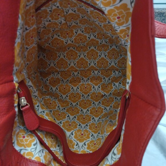 * Emma Fox Beautiful LEATHER Handbag LARGE Red Yellow Brown Huge Interior Gold - Picture 8 of 16